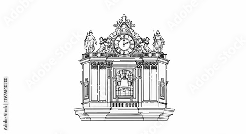 Ornate clock tower with statues and bell in detailed line drawing style