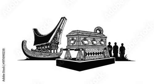 Ornate coffin and boat structure with onlookers