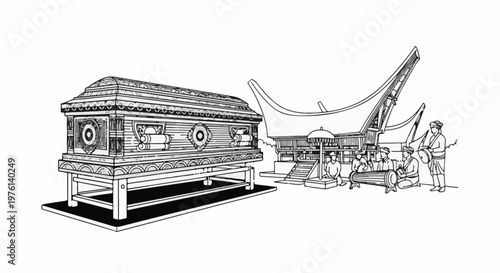 Ornate coffin displayed at traditional event with musicians and ceremonial structures