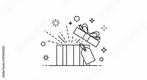 Open gift box with ribbon, tag, and bursting stars, representing celebration