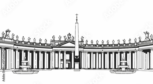 Ornate colonnade with statues, obelisk, and fountains