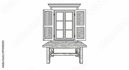 Open shutters on a window with a wooden bench below