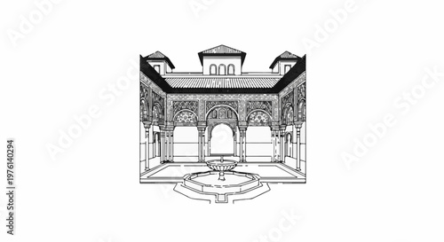 Ornate courtyard with central fountain, arches, colonnades, and ornate patterns