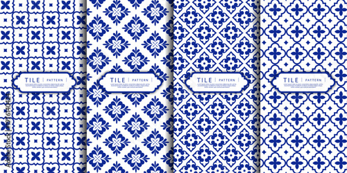 Blue ornamental tile patterns set. Collection of elegant blue and white ornamental tile patterns featuring geometric and floral motifs, ideal for backgrounds, wallpapers, and decorative design project