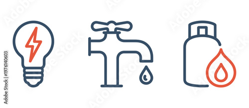 Utility icons set of electricity, water and gas. Household energy symbols. Vector line art for bill payment.
