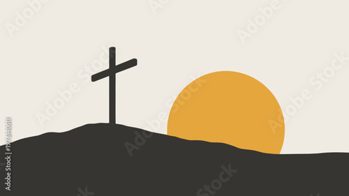 Minimalist Christian cross on hill at sunset vector, religious Easter background, Calvary silhouette banner