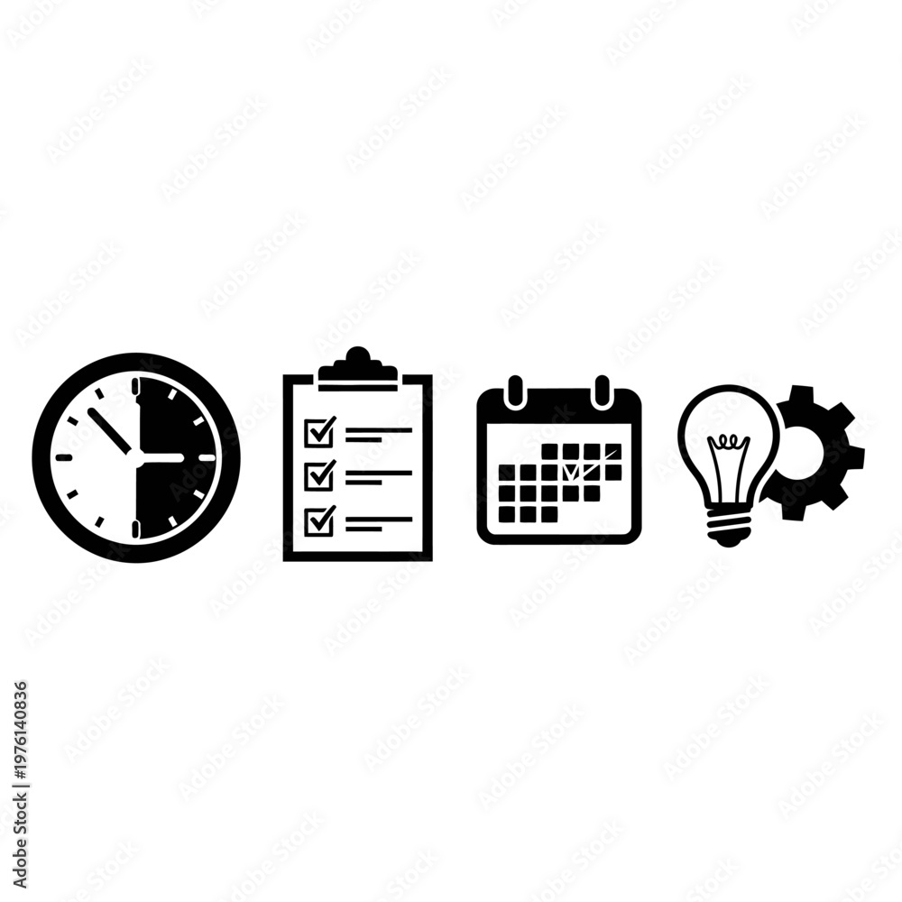 Fototapeta premium Business planning icons: clock, checklist, calendar, lightbulb, gear