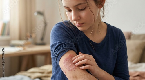 Emotional portrait of a girl with psoriasis flare-up indoor home setting close-up view human skin condition awareness