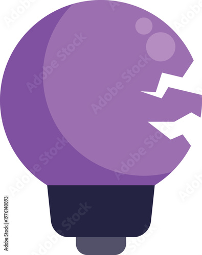 Broken purple light bulb icon showing a damaged or failing innovation on white background