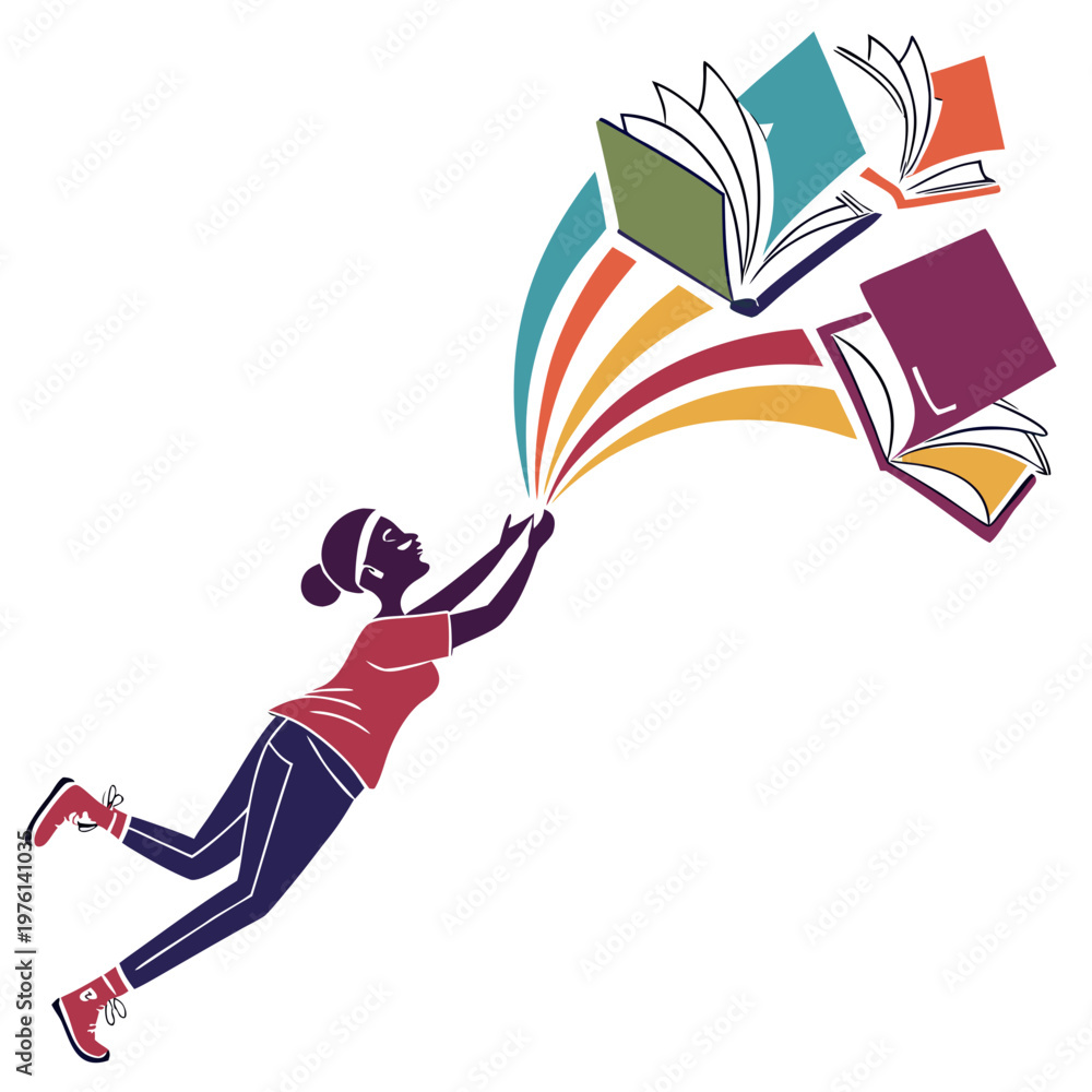 Obraz premium Dynamic silhouette person leaps into air catching vibrant books bursting with colorful arcs symbolizing education and knowledge transfer empowering personal growth.
