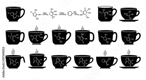 Set of chemical molecule structure icons on coffee cups showcasing scientific formulas and laboratory experiments for science research laboratory project theme