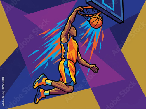 Dynamic illustration of a basketball player performing a powerful slam dunk with energetic streaks of light behind him.