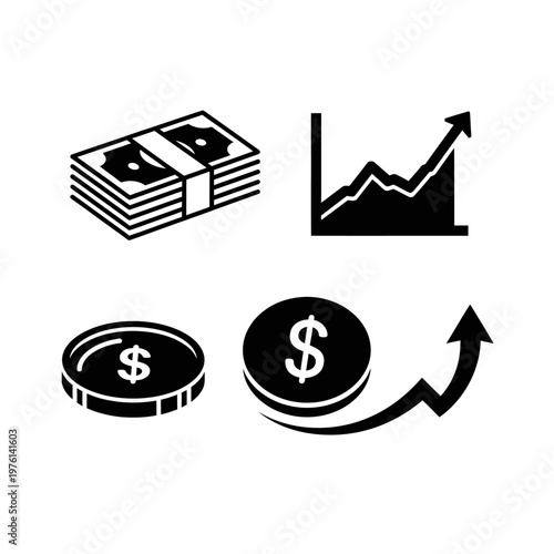 Financial Growth Icons: Money Stack, Coins, and Upward Trend Graph