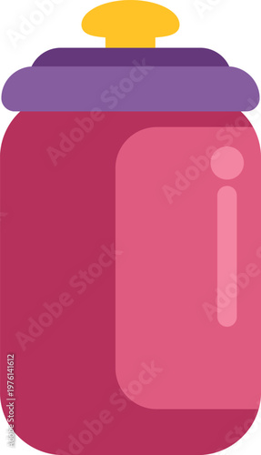 Red water bottle with purple cap and yellow top for hydration and sport activity