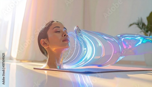 Woman meditating with energy flow, finding inner peace and mindfulness.