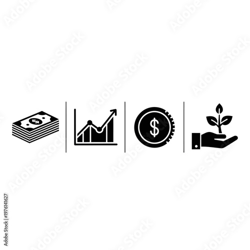Financial Growth Icons: Money, Graph, Coin, and Plant in Hand