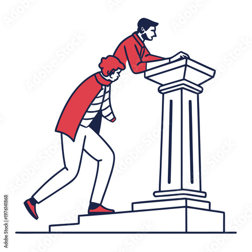 Two people collaborating on pedestal, teamwork effort, shared goal achievement, mentorship guidance, climbing to success, partnership progress, supporting each other.