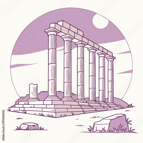 Greek acropolis temple ruins in circular frame vector illustration of ancient stone architecture with columns and steps under moonlit purple sky art.