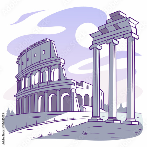 Roman colosseum and ancient temple columns vector illustration of famous italian landmarks in rome with stylized purple clouds and sun background art.