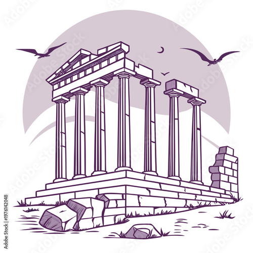 Grand ancient temple ruins with multiple columns, stone debris, and birds in sky under moon and stylized clouds.