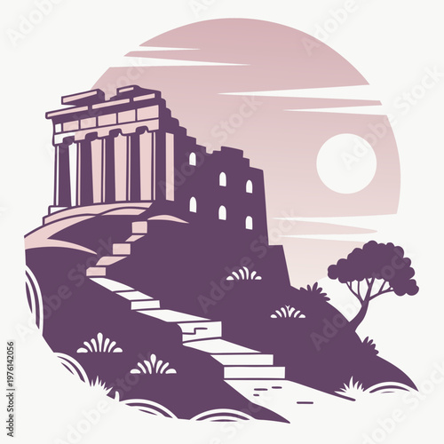 Ancient temple on hilltop with grand staircase leading up to facade under circular sky with sun and clouds, lone tree on hill.