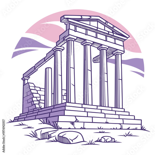 Ruined classical temple with massive columns, broken pediment and crumbling wall, set against stylized sky with clouds.