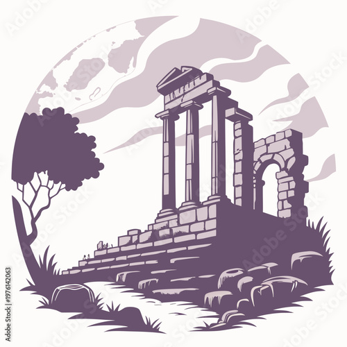 Ancient Greek temple ruins with columns and archway on rocky ground under cloudy sky with moon and tree silhouette.