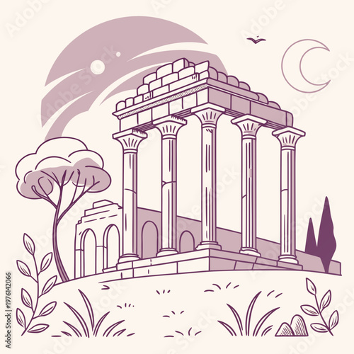 An ancient roman or greek temple with columns, a pediment, and surrounding landscape with trees, moon, and sun.