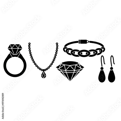 Luxury Jewelry Collection: Diamond Ring, Necklace, Bracelet, Earrings, and Gemstone