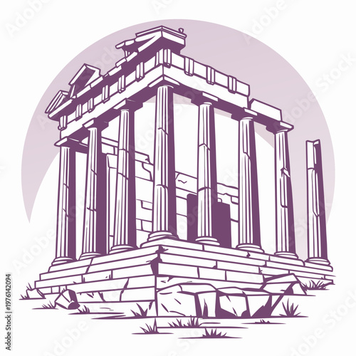 An ancient greek or roman temple ruins with multiple columns and a reconstructed roof against a subtle circular background.