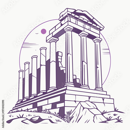 An ancient temple with columns, a pediment, and broken elements, set against a circular backdrop and a small sun.