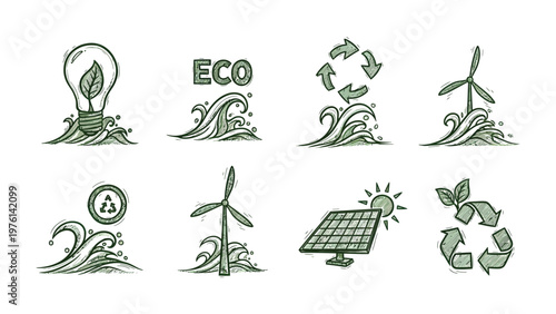 Eco-Friendly Icon Set: A collection of hand-drawn icons illustrating various concepts of environmental sustainability, including renewable energy sources and recycling.