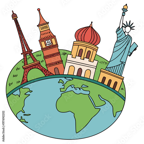 Whimsical travel concept illustration featuring global landmarks like eiffel tower big ben and statue of liberty sitting on green earth for tourism.