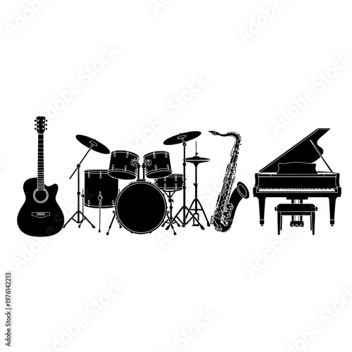 Musical Instruments Silhouette: Guitar, Drums, Saxophone, Piano