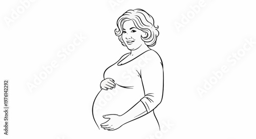 Black and white line drawing of a smiling pregnant woman cradling her belly