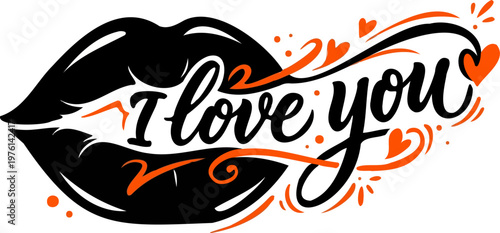 Bold Black & Orange Lips with “I Love You” Typography Silhouette Vector
