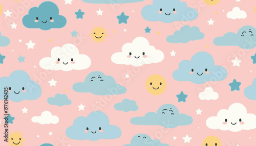 Cute Kawaii Clouds and Stars Pattern with Smiling Faces on a Pink Background