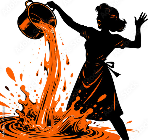 Bold Black & Orange Woman Pouring Coffee Silhouette with Dramatic Sharp Detail