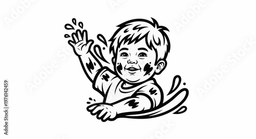 Joyful child in black and white splatters, waving with a playful grin