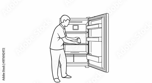 Man putting an apple in an open refrigerator