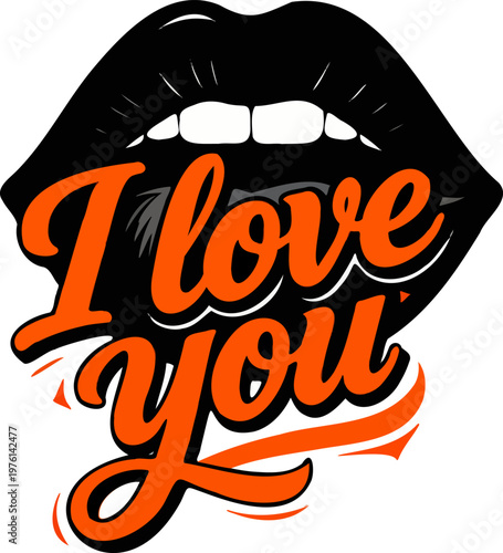Bold Black & Orange Lips with “I Love You” Typography Silhouette Vector