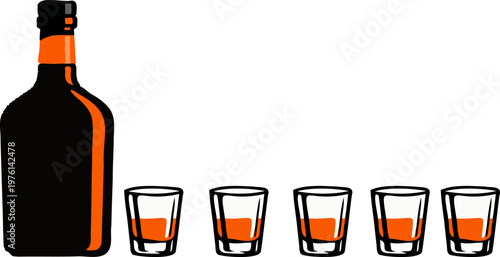 Bold Black & Orange Bottle and Glass Vector with Sharp Detailed Lines