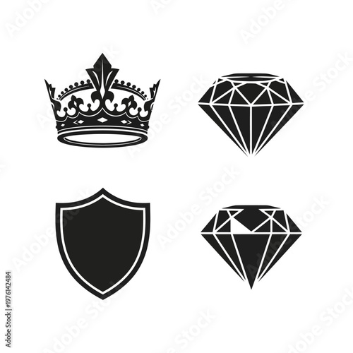 Royal Crown, Diamond, and Shield Icons: Symbolizing Power, Wealth, and Protection