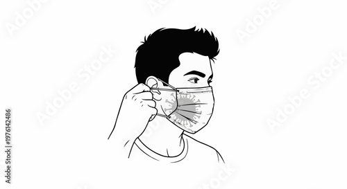 Man's hand adjusts face mask with virus illustration