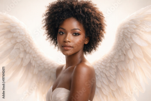 Young Woman With White Angel Wings on Soft Light Background