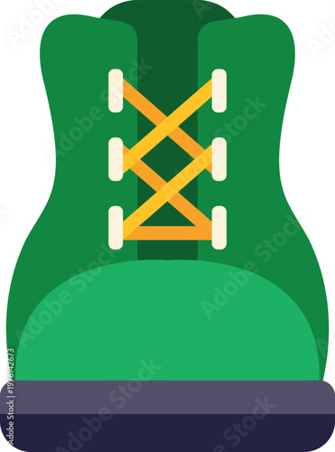 Simple illustration of a green hiking boot with bright yellow laces on white background