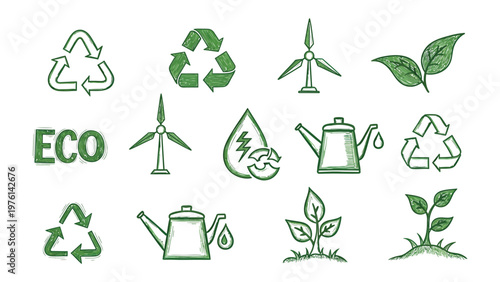Eco-Friendly Icons: A collection of hand-drawn green icons representing various aspects of eco-friendliness, including recycling symbols, wind turbines, water droplets, and plant.