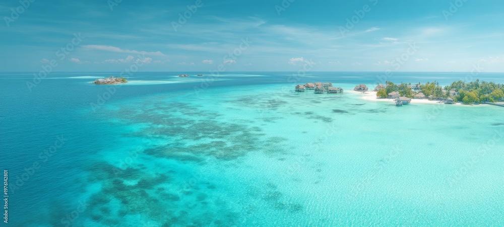 Obraz premium Aerial Drone View of Tropical Islands with Crystal Clear Turquoise Water, Coral Reefs and Overwater Villas in Bright Sunlight, Minimal Luxury Travel Paradise Concept with Copy Space