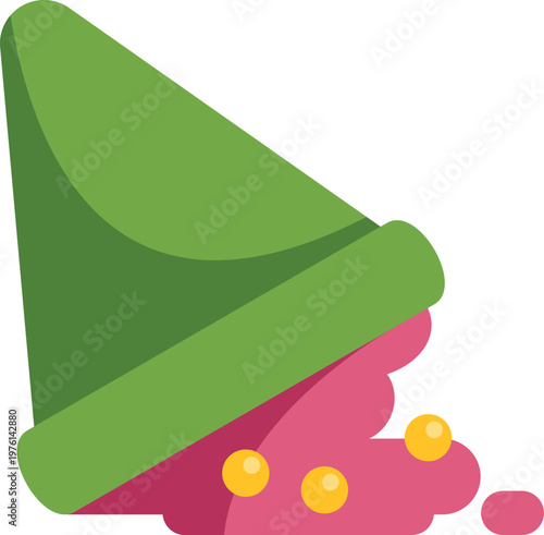 Minimal flat illustration of a melting green cone with pink ice cream and yellow toppings