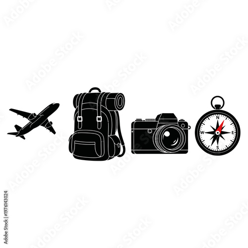 Travel Essentials: Airplane, Backpack, Camera, Compass - Adventure Icons